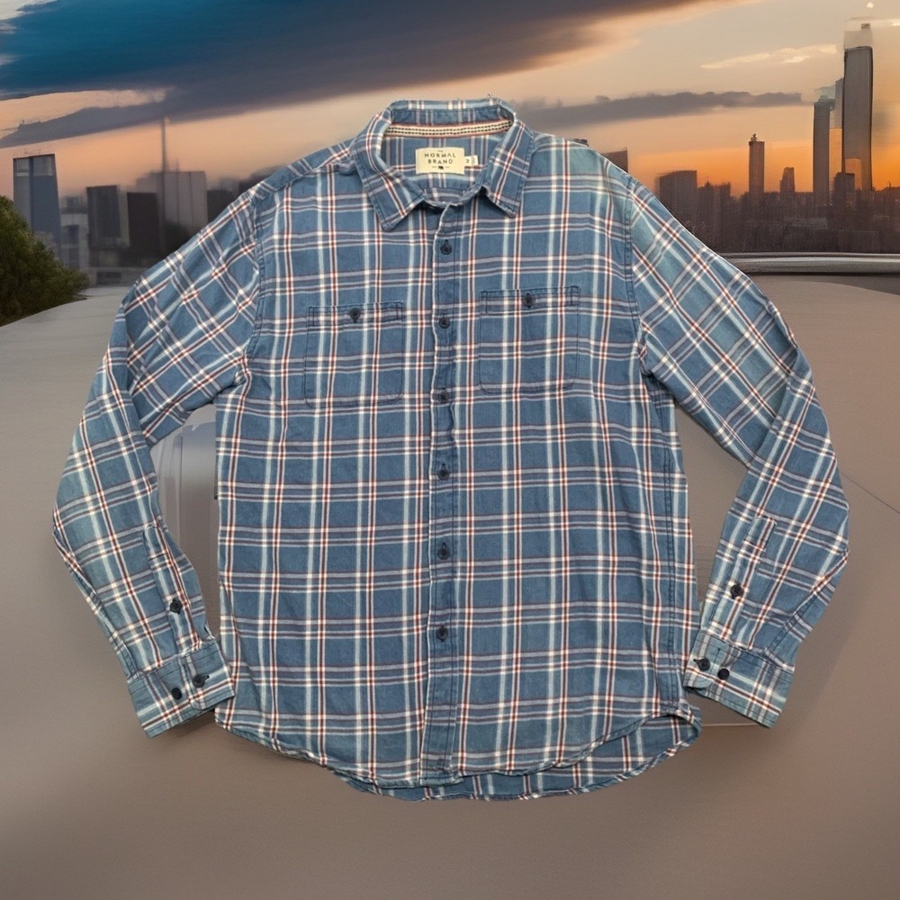 THE NORMAL BRAND Flannel Shirt Long Sleeve Button Up Men's Medium Blue Red Plaid